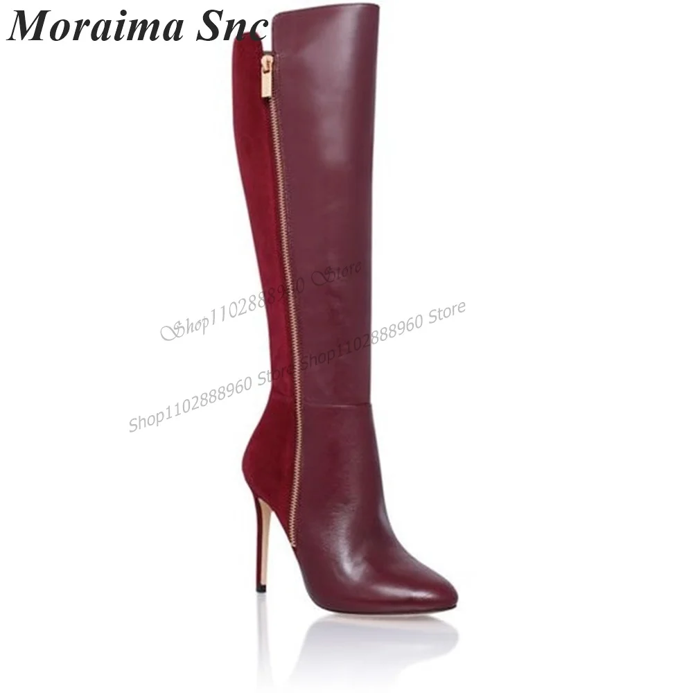 

Knee High Red Patchwork British Style Boots Stilettos High Heel Women Shoes Side Zipper Round Toe 2023 Sexy Zapatos Para Mujere