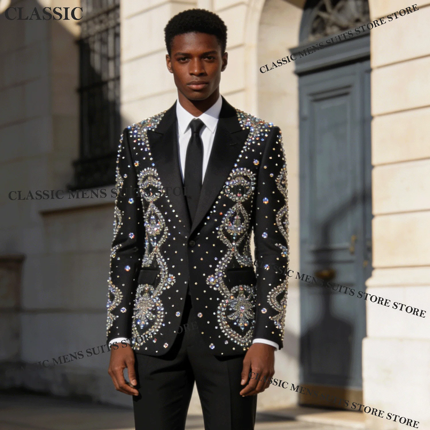 

Customized Luxury Tuxedos Men Suits Diamond Decoration Peaked Lapel Groom 2 Pieces Set Wedding Male Handsome Prom Blazers suits