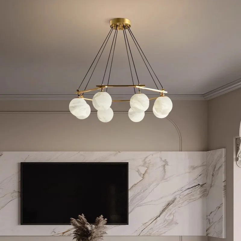 Nordic Living Room Round Brass Art Chandelier Modern Hotel Study Dining Room Marble Pendant Light