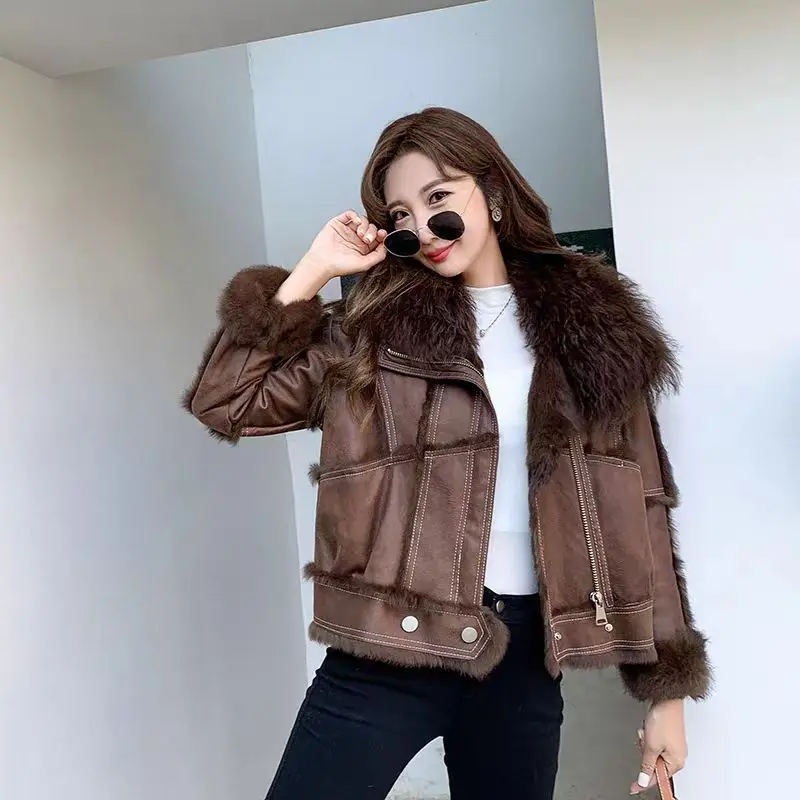

Winter Korean Rabbit Fur Coat Jacket Women's Short Lamb Fur Collar Fur Integrated Thicken Locomotive Clothing