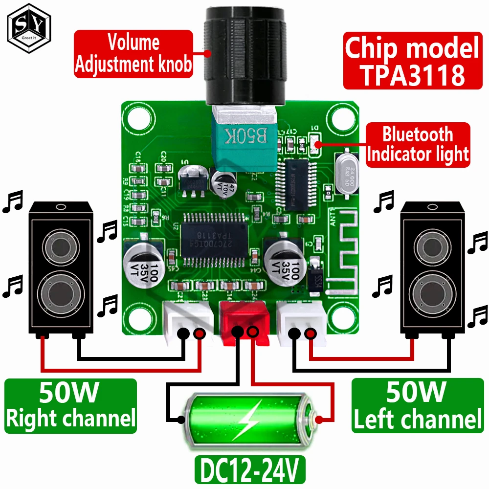 XH-A414 DC12-24V 5,0 Bluetooth цифровой усилитель плата 50 Вт + 50 Вт встроенный чип усилителя TPA3118D2 50 К двойной потенциометр