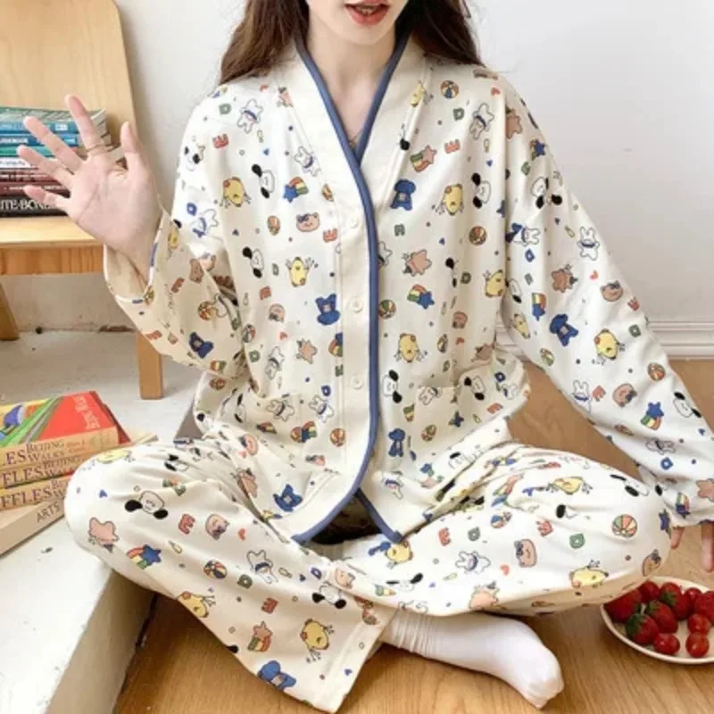 Conjunto de pijama de manga comprida feminino, roupa com decote v, loungewear, quimono, desenhos animados fofos, primavera, outono, moda, 2024