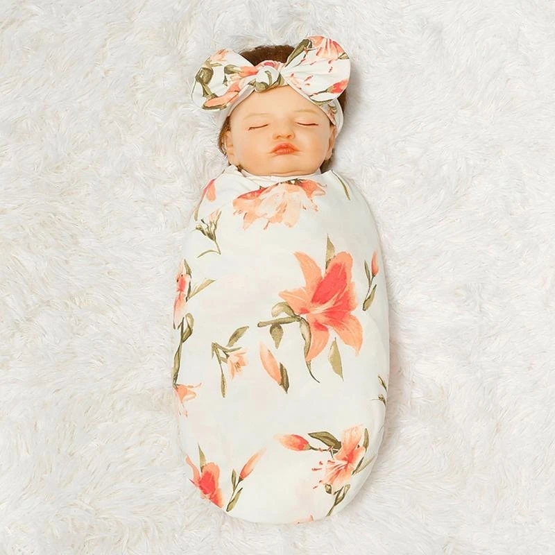 J15U 3 قطعة الوليد التقميط التفاف عقال طقم قبعات الطفل تلقي بطانية كيس النوم رباط شعر طقم قبعات للرضع بنين بنات