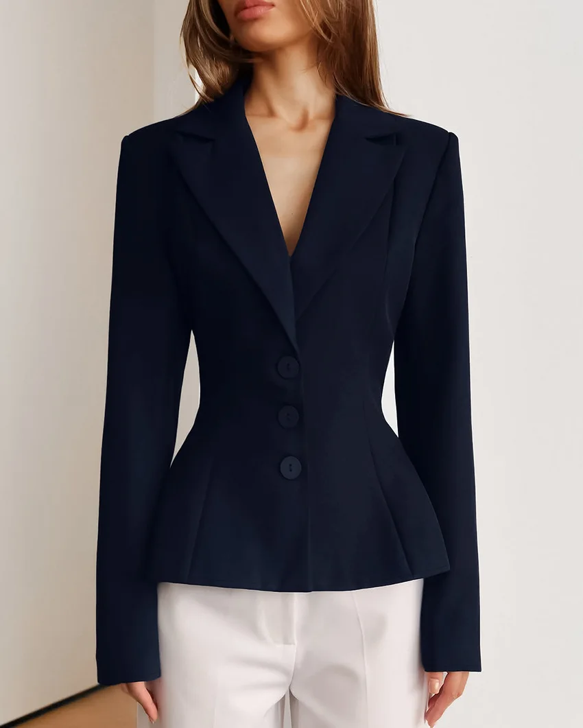 

Women's Jacket 2025 Spring Autumn New Notched Collar Long Sleeve Waist-Cinching Elegant Office Lady Blazer with Padded Shoulders