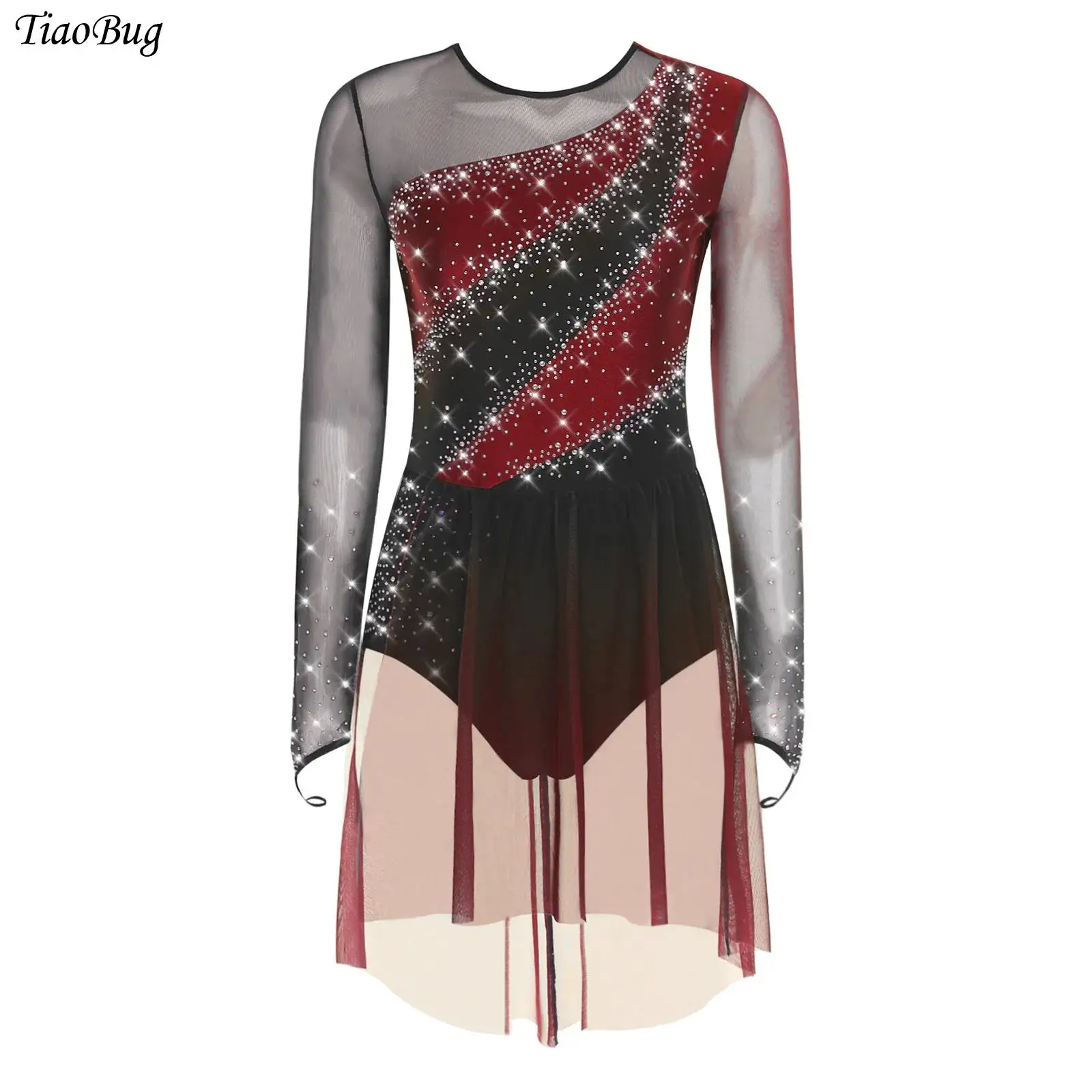 

Womens Figure Skating Gymnastics Leotard Dress Shiny Rhinestones Sheer Mesh Overlay Dance Dress for Lyrical Dance Ballet Dresses