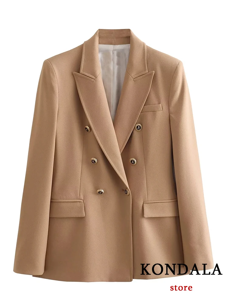 KONDALA Office Lady Solid Blazer Women V Neck Long Sleeve Double Buttons Jackets Fashion 2023 Autumn Winter Oversized Blazers