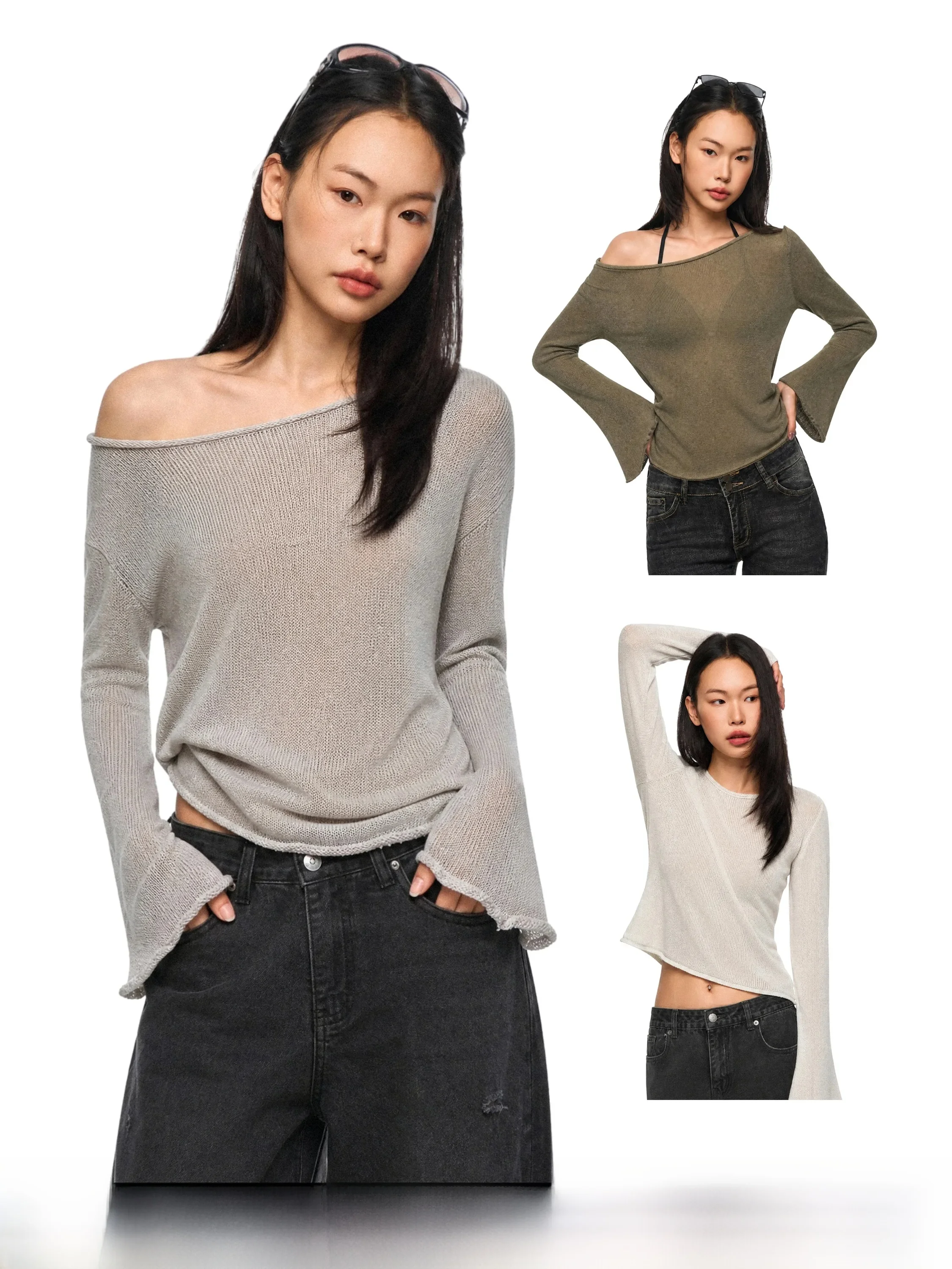 GoGo Burn American Pure Color Shoulder T-Shirt Women's Loose Thin Long Sleeve Transparent Casual Style Autumn New Arrival