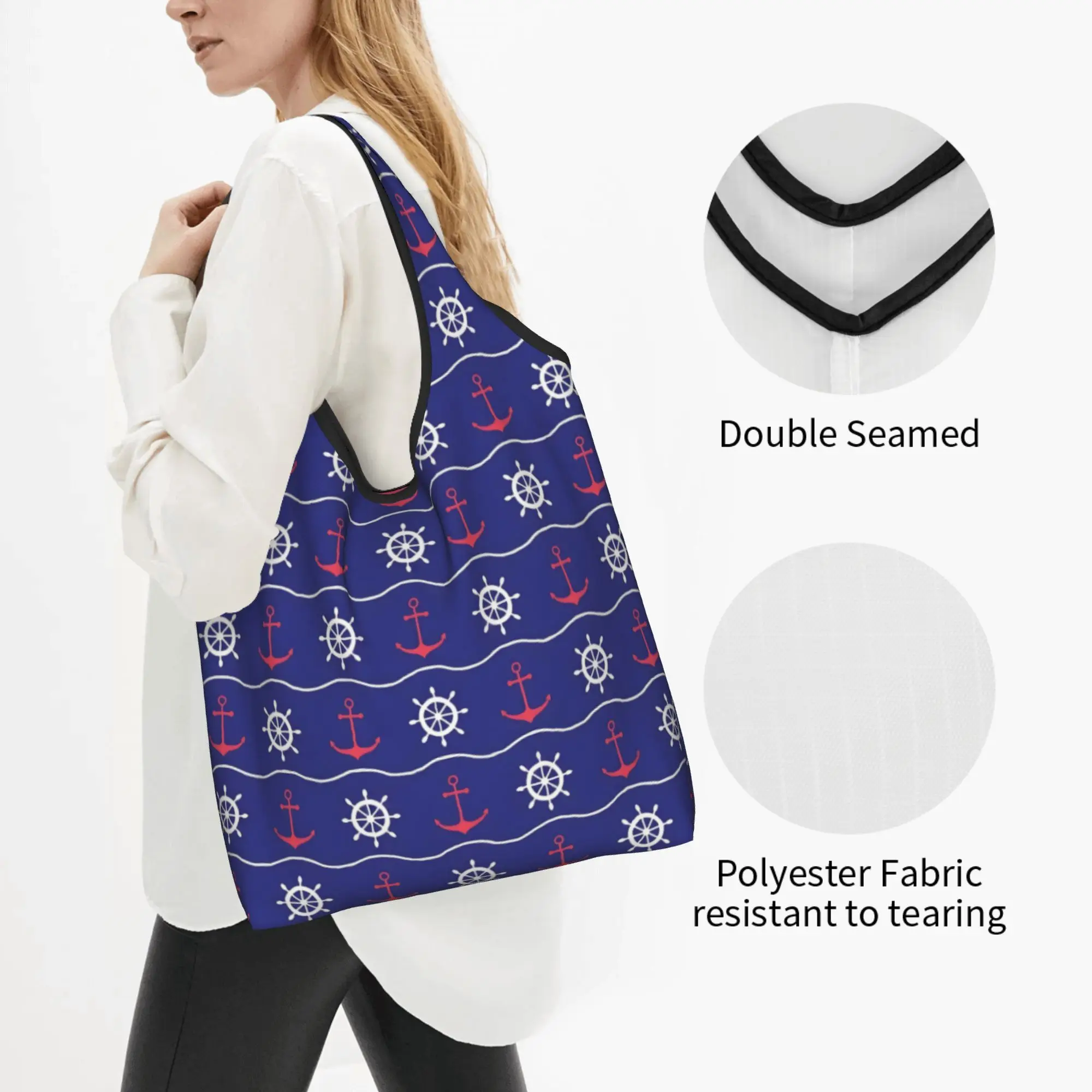 Fashion Nautical Anchor Compass Captain Sailor Adventure  Shopping Tote Bag Portable  Groceries Shopper Shoulder Bag