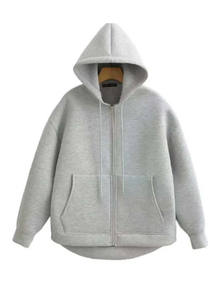Soft 2025 Autumn Women Grey Jacket With Hood Long Sleeve Big Pocket Zipper Jackets Coat Woman Loose 