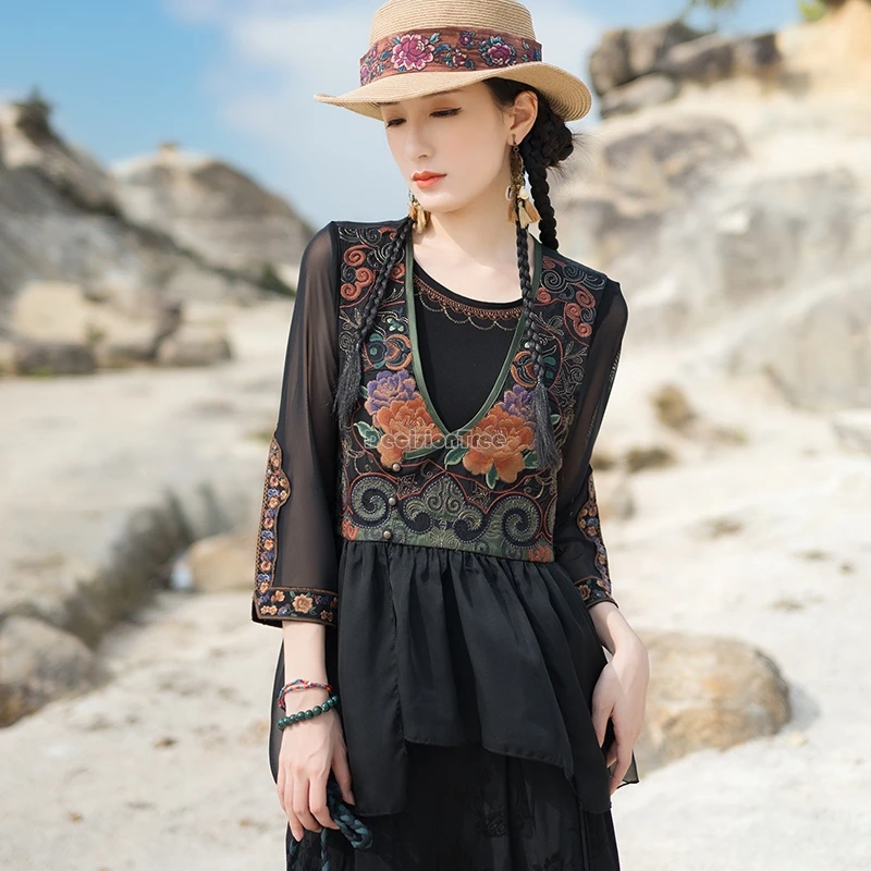 2024 chinese ethnic style embroidery round collar modal cotton mesh sleeve vest women casual loose style fashion blouse top t001