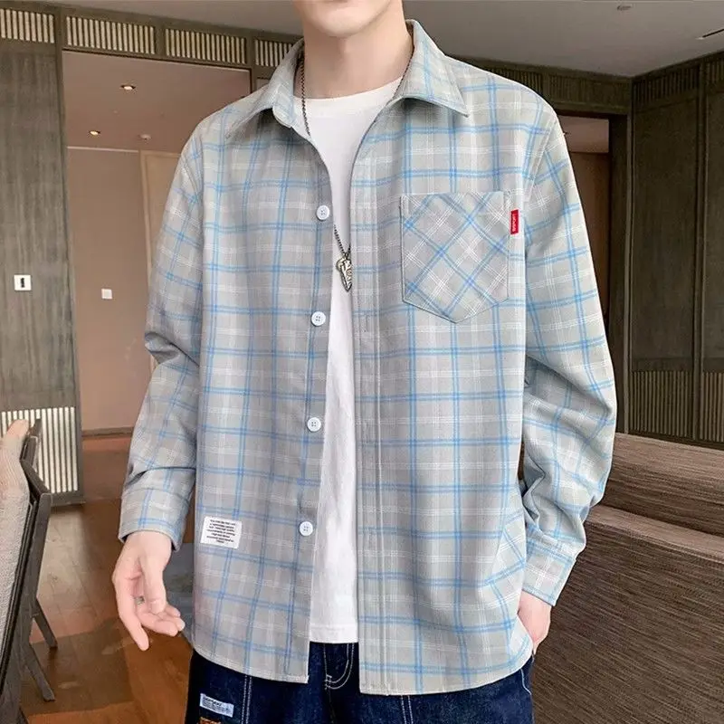 Frühling Herbst Neue Mode drehen-unten Kragen Langarm Plaid Bluse männer Kleidung Koreanische Taste Trend Casual Alle-spiel Shirts