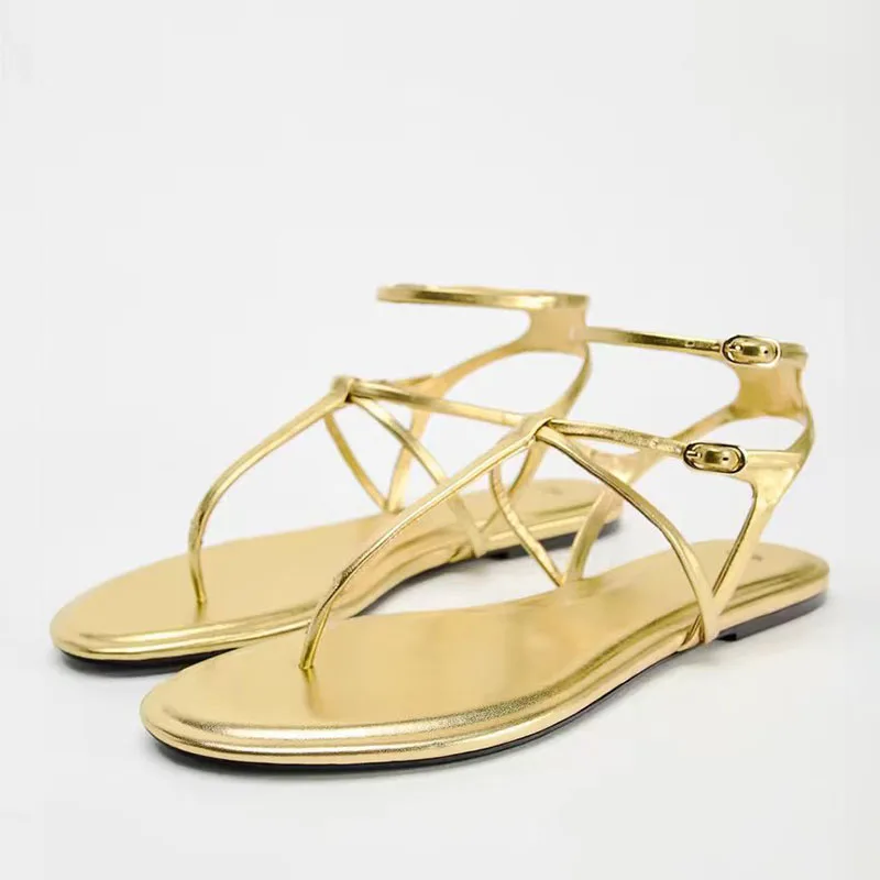 TRAF Women Gold Flat Sandals Summer New Flip Flop Round Head Open Toe Low Heal Shoes Thin Straps Metal Ankle Buckle For Woman
