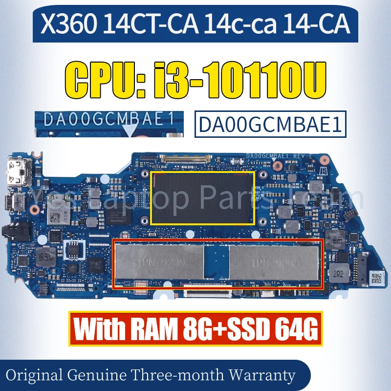 DA00GCMBAE1 For HP X360 14CT-CA 14c-ca 14-CA Laptop Mainboard SRGL0 i3-10110U RAM 8G SSD 64G 100％ Tested Notebook Motherboard