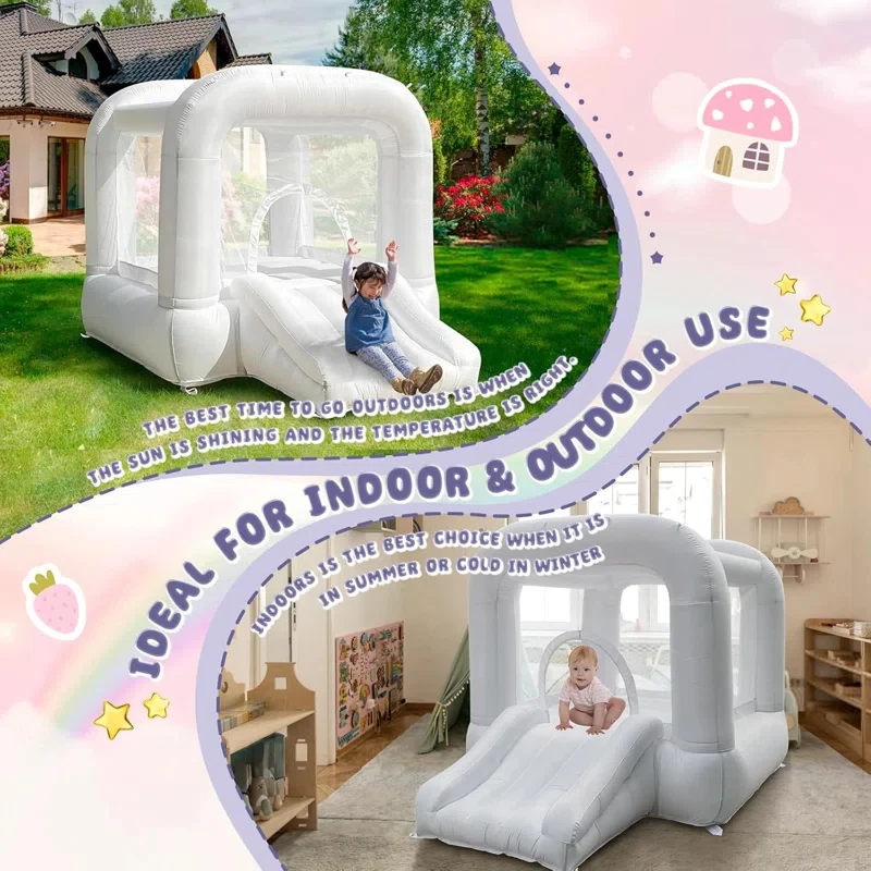 Nuevas llegadas casa de rebote blanca con soplador, castillo inflable con tobogán para fiestas interiores/exteriores de niños/niños pequeños