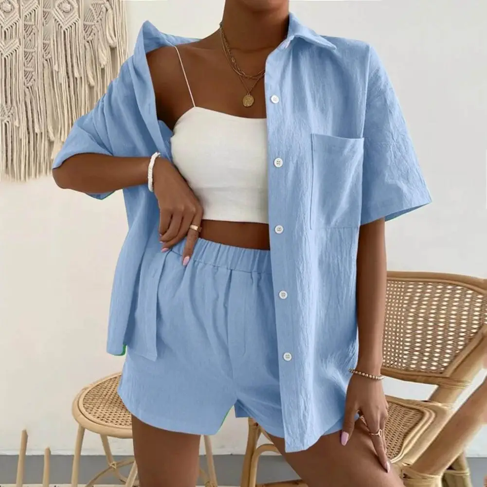 2 Pcs/Set Women Shirt Shorts Set Short Sleeves Lapel Collar Blouse High Waist Above Knee Length Pants Set Casual Commute Outfit