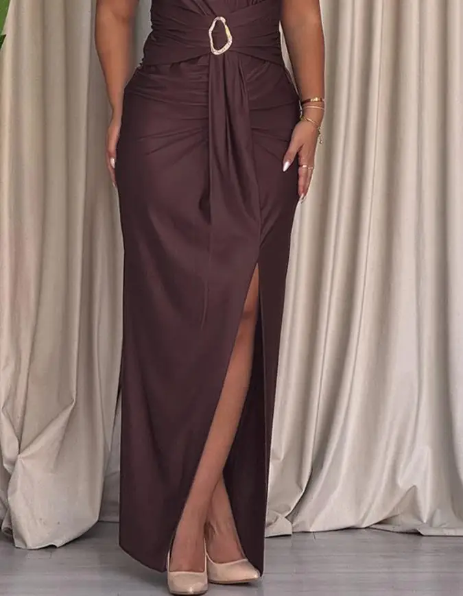 

Women's Elegant Dresses Temperament Metal Ring Decor Deep V-Neck Ruched Slit Party Dress Female Draped Design Slim Evening Dress