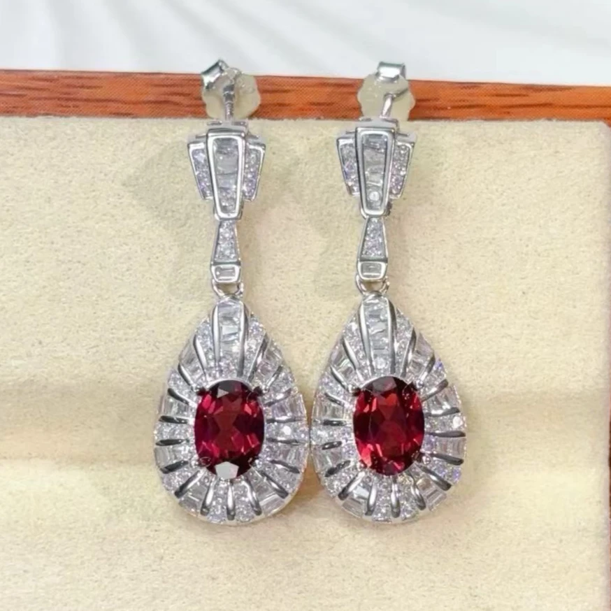 Sparkling 925 Silver Garnet Eardrop 5x7mm Natural Garnet Earrings 18K White Gold Plated Silver Gemstone Jewelry
