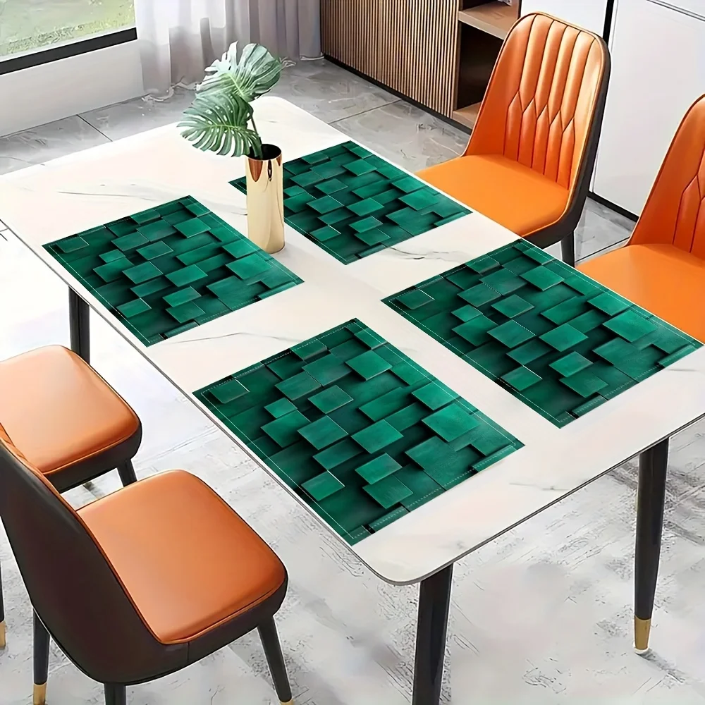 Green 3D Geometric Square Texture Placemats Linen Washable Non Slip Heat Resistant Table Mats for Kitchen Dining Decor
