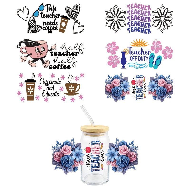 

Teacher Day UV DTF Wrap Transfer Stickers Cartoon Funny Design DIY Waterproof Wrap For 16oz Glasses Cups Mug Waterproof Decal