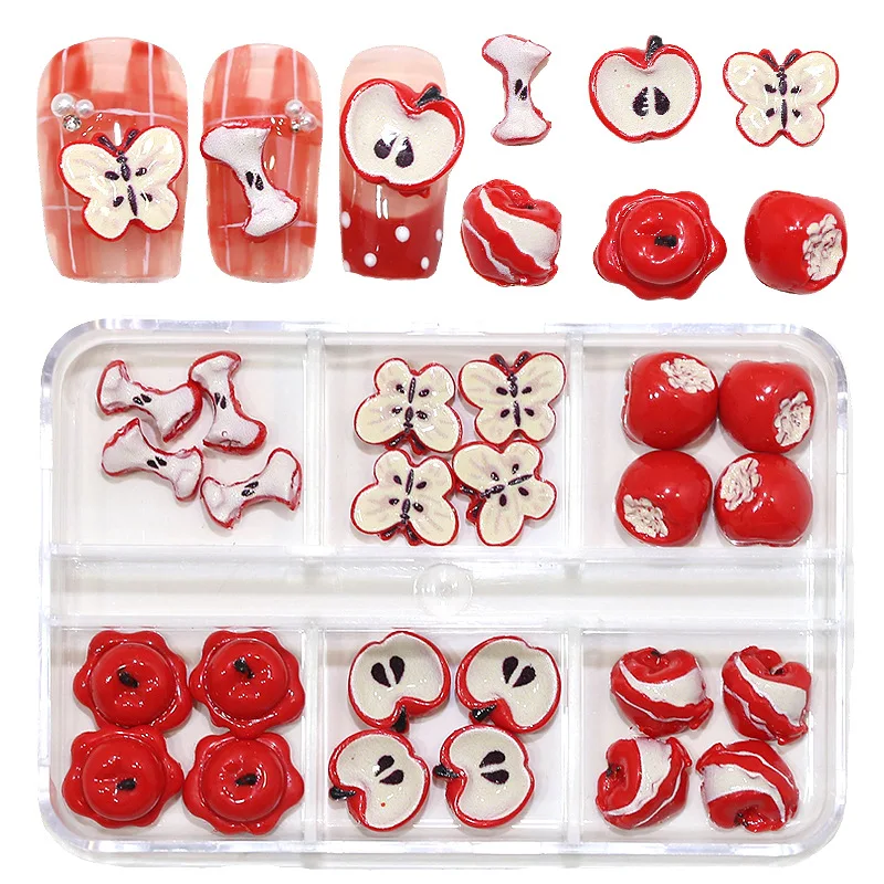 24個入り/箱 3D クリスマス レッド ラッキーアップル 漫画風 噛みつきフルーツスライス ネイルラインストーン デコレーション マニキュア キュートなシミュレーションチャーム