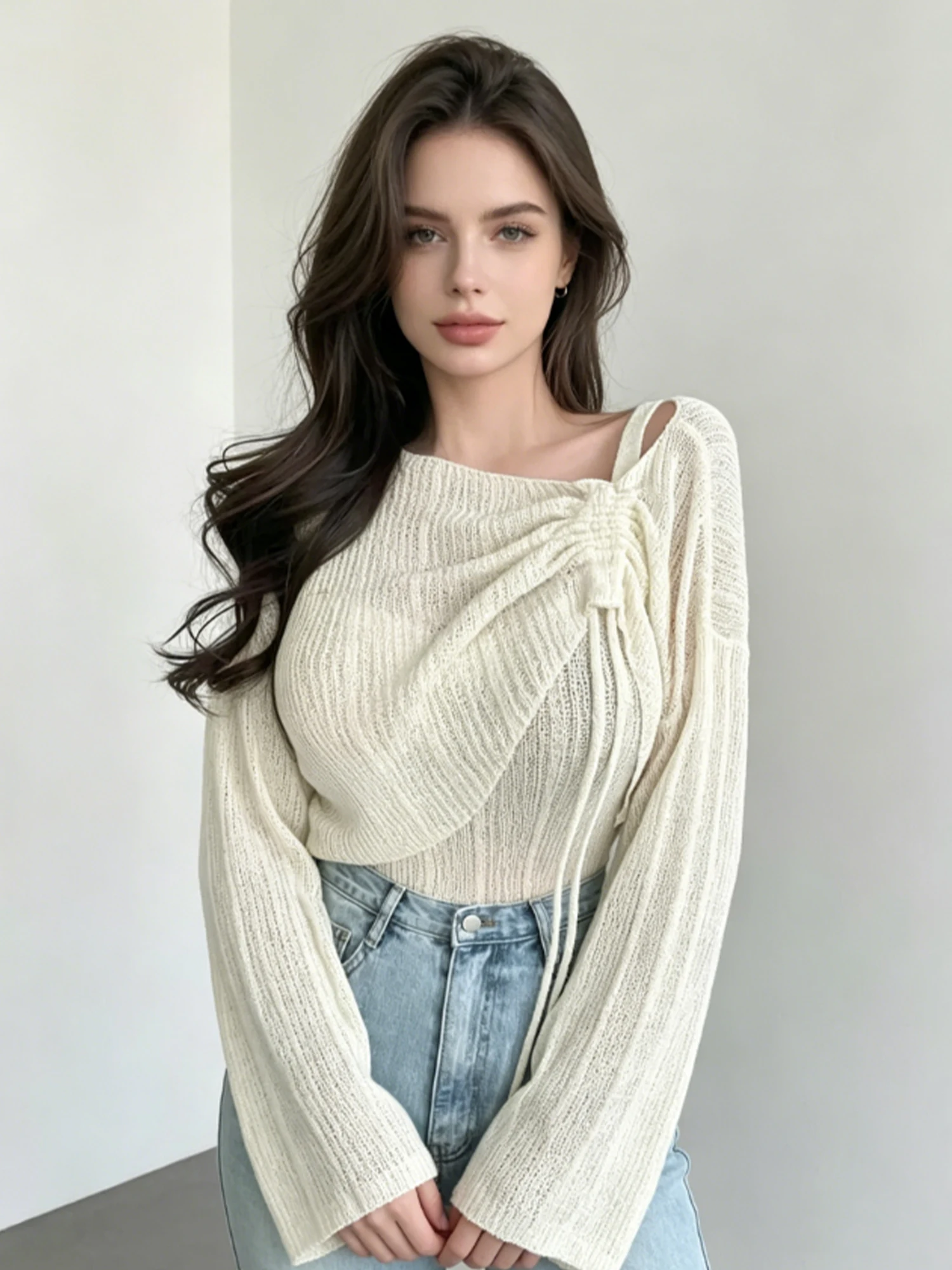 Women White Cami Tank Top Drawstring Knit T-shirt Cover Up Elegant Fashion Slim Fit Two Piece Outfit Set for Spring Autumn 2026