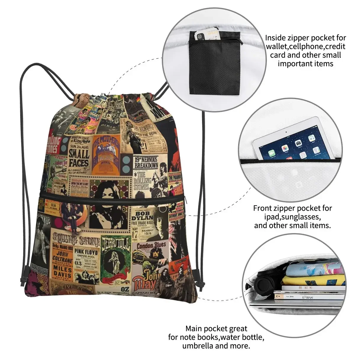 Rock N' Roll Stories Portable Backpacks Drawstring Bag Fashion Drawstring Bundle Pocket Storage Bags For School Students