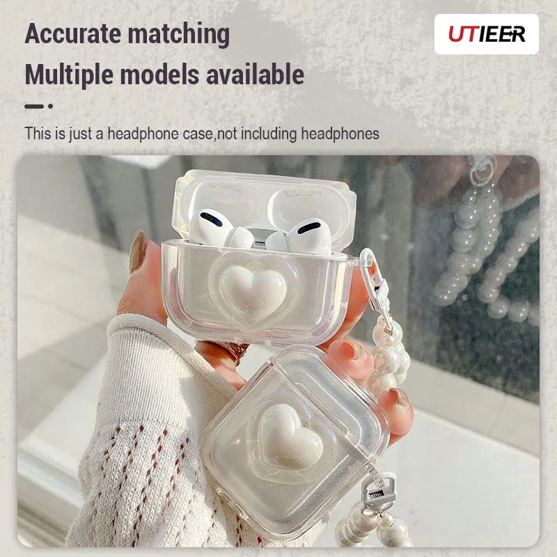 Earphone Protective Case For Airpods Imitation Pearl Chain Laser Three Dimensional Heart Transparency Earphone Case