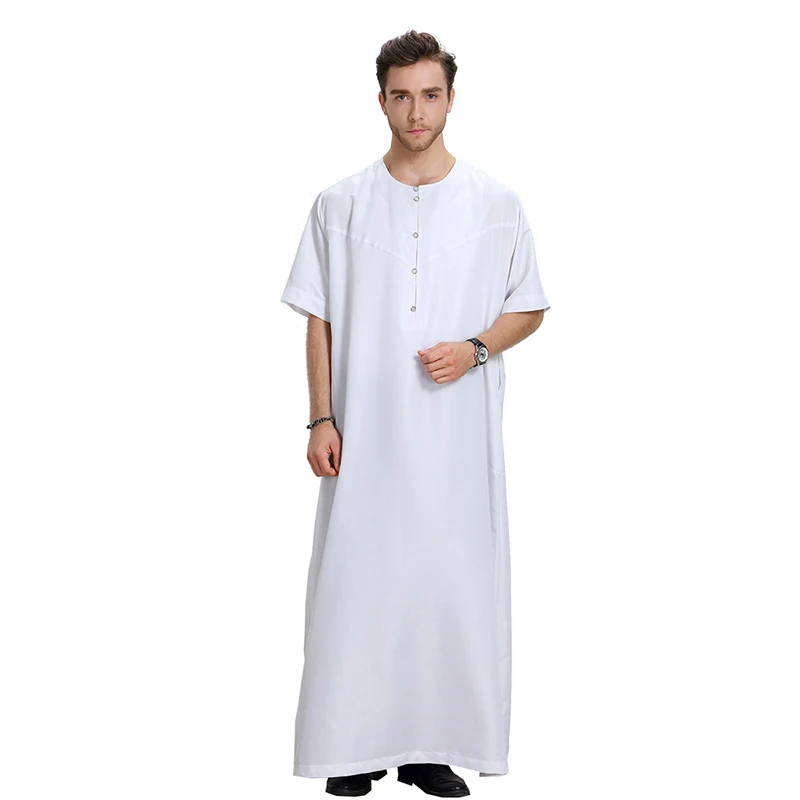Hot Sale High Quality Muslim Arab Men Thobe Thawb Caftan Solid Color Short Sleeve Islamic MIddle East Jubbah Men's Thobe