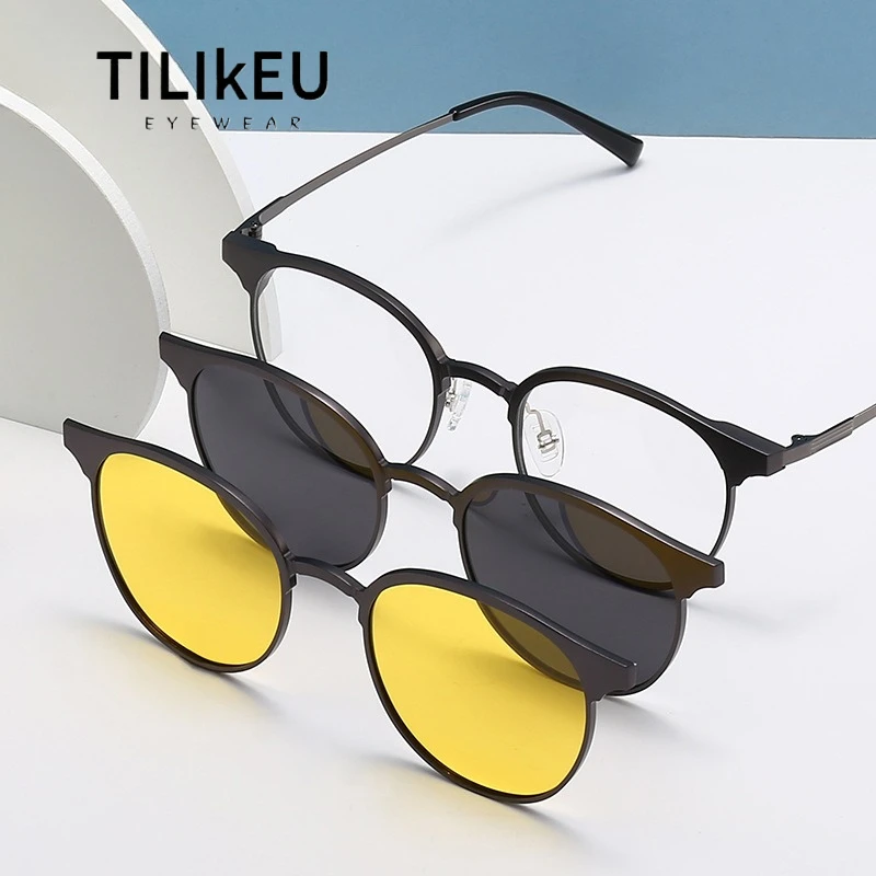 

Top Quality Titanium Alloy Magnetic Eyeglasses Frame Men Women Retro Round Magnetic Clip Night Vision Polarized Sunglasses UV400