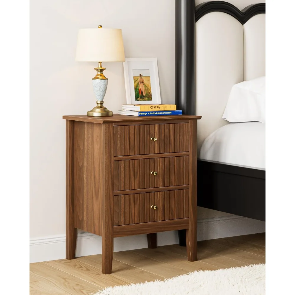 

Night Stand, Fluted Nightstand Bedside Tall Farmhouse Nightstand with 3 Drawers, Mid Century Modern Side Accent Table,Bedside En