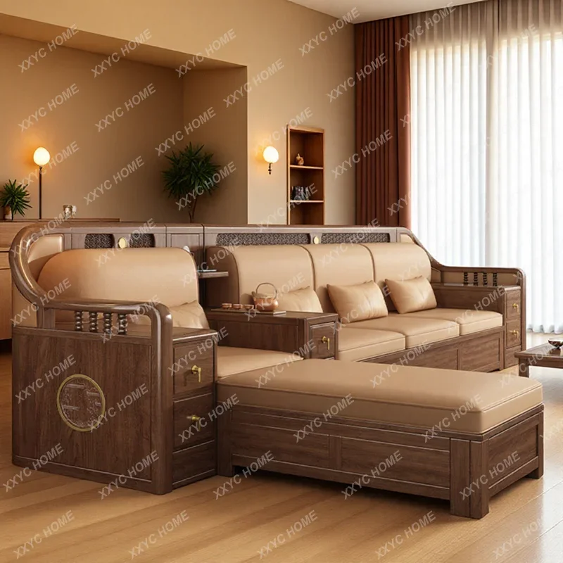New Chinese Style Solid Wood Black Walnut Solid Wood Sofa Living Room 2025 New Model Sofa Simple