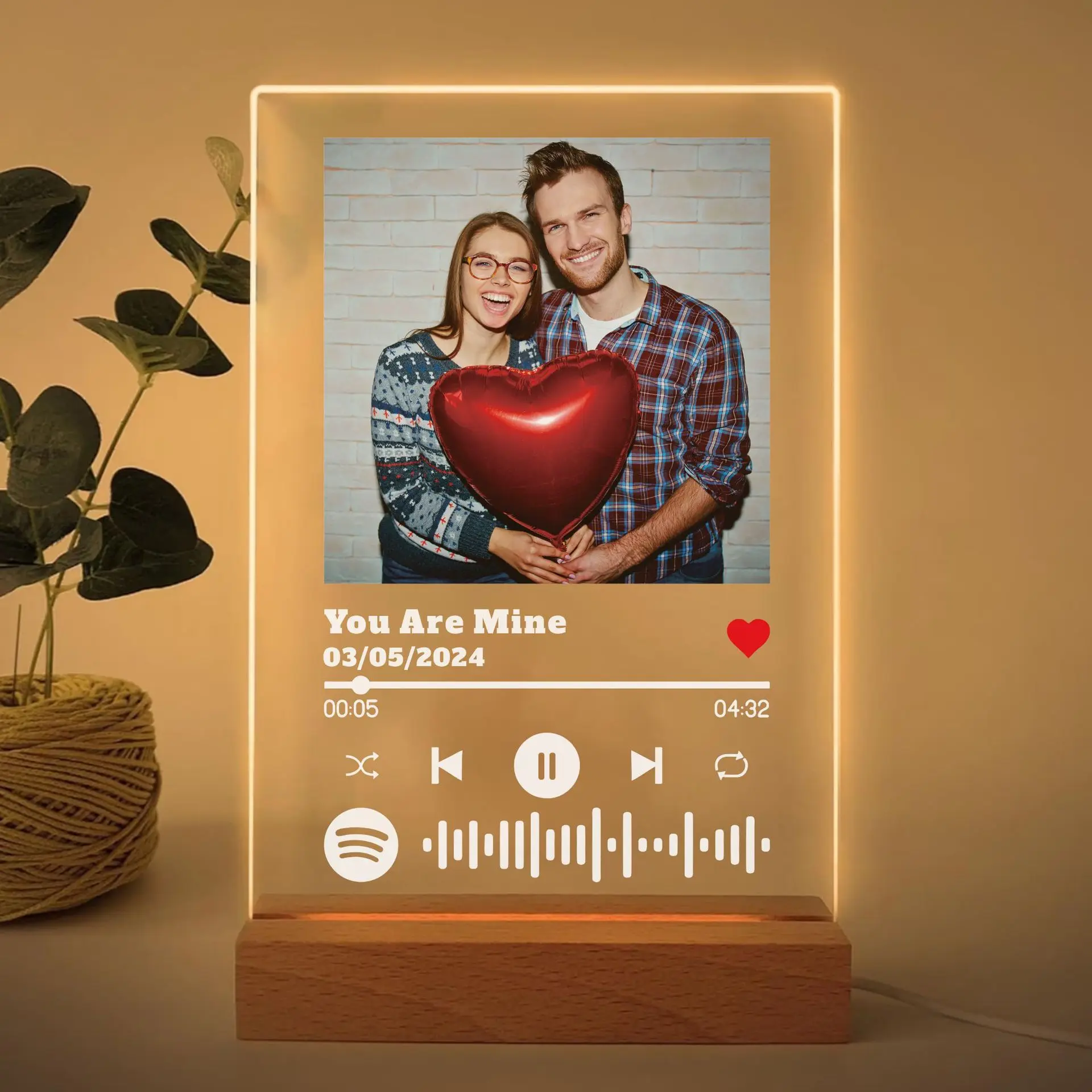 Personalised Acrylic Spotify Photo Plaque with LED Night Light Gift for Her Him Printed Photo with Stand Custom Couple Gift