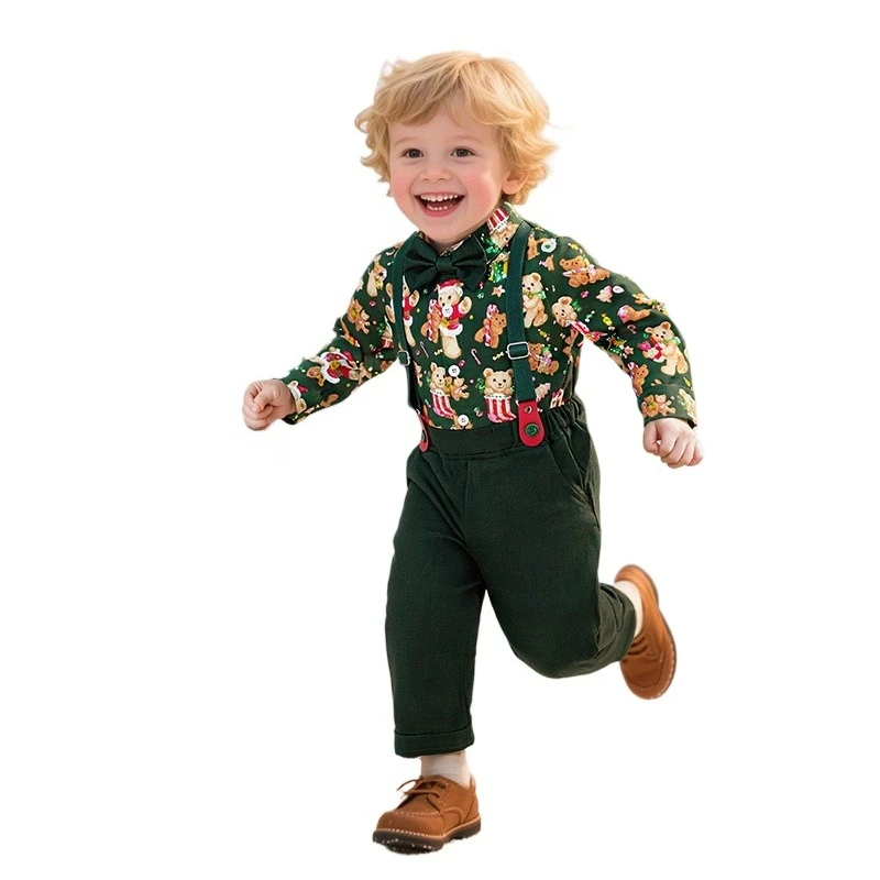 

Christmas Childrens Boys Clothing Long-sleeve Shirt Overalls Two-piece Suit Baby Christmas Dress Suit