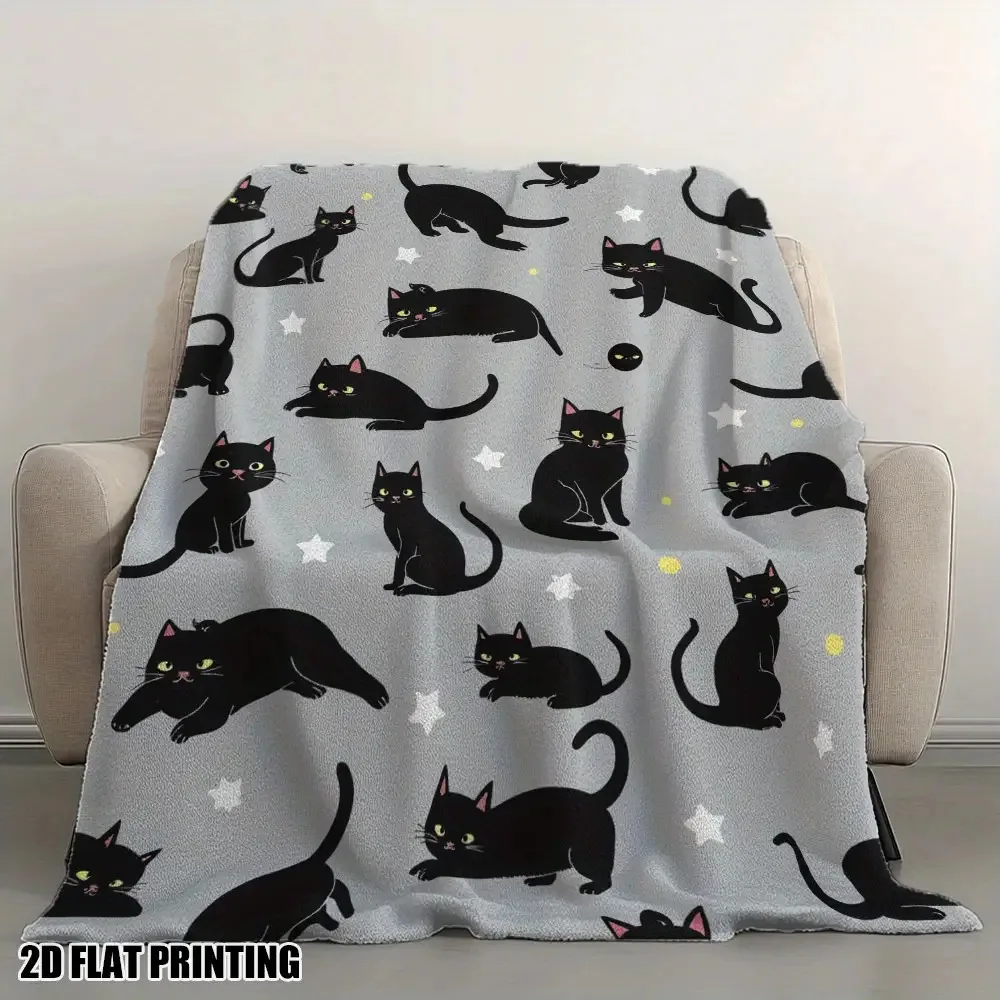 

Plush Cat Lover Blanket - Soft Flannel Throw - Cute Black Kitten Design for Dorm Office - All-Season Machine Washable Decor