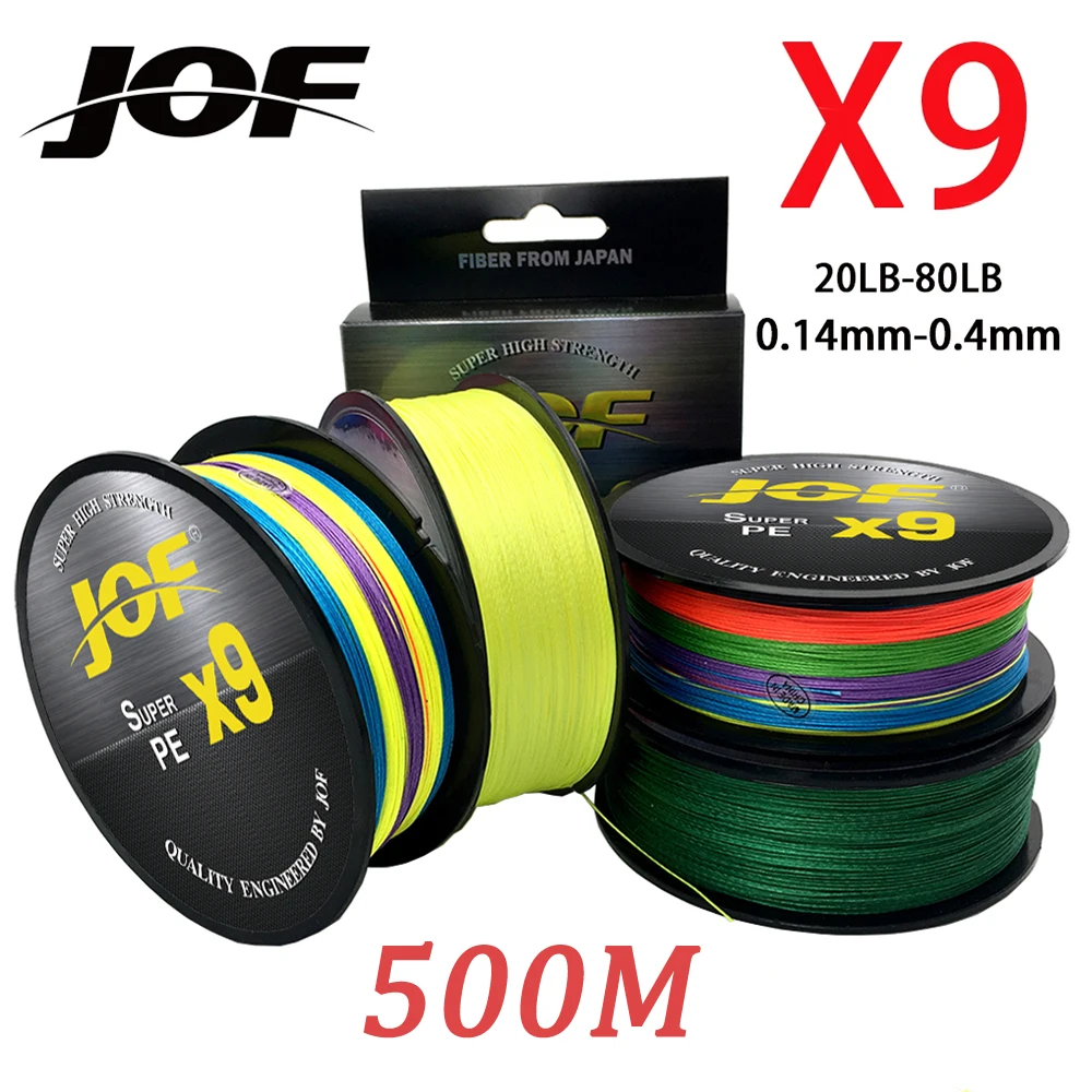 Jof linha pe de alta qualidade, 9 fios, x9, semi-afundante, 500m, baixa memória, trançada, linhas de pesca, 20-80lb, super japão, linha de peixe
