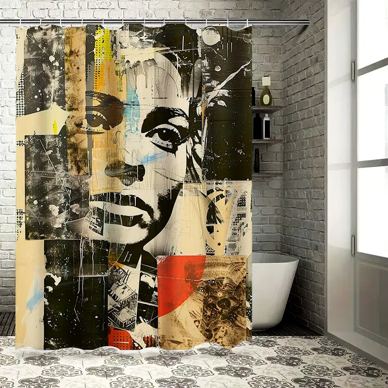 Modern Abstract Print Shower Curtain Black and Beige Color Blocks with Woman's Face Design Bathroom Decor for Home Decoration in