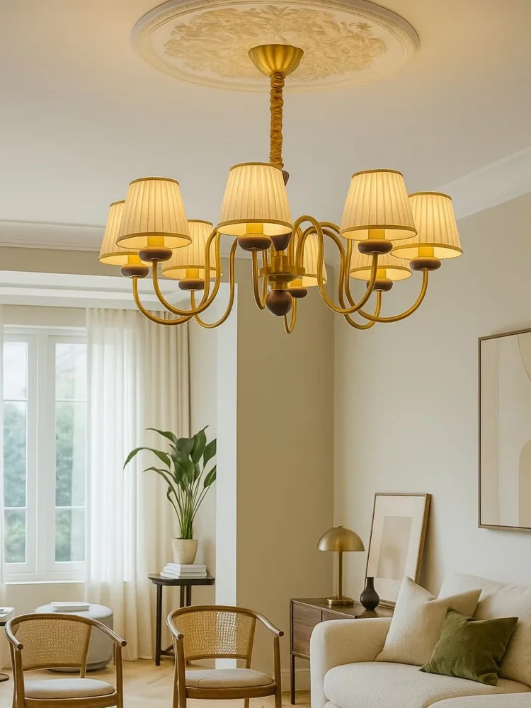 French Style Rural Multi Head Pendant Light Fabric Lampshade Bedroom Ktchen Dining Room Hu wood LED Solid Wood Home Light