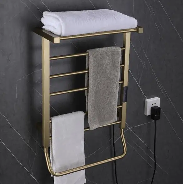 

Hot Selling Brushed Gold Waterproof Wall Mounting Electric Heated Towel Rails Thermostatic Household Drying Rack Towel Warmer