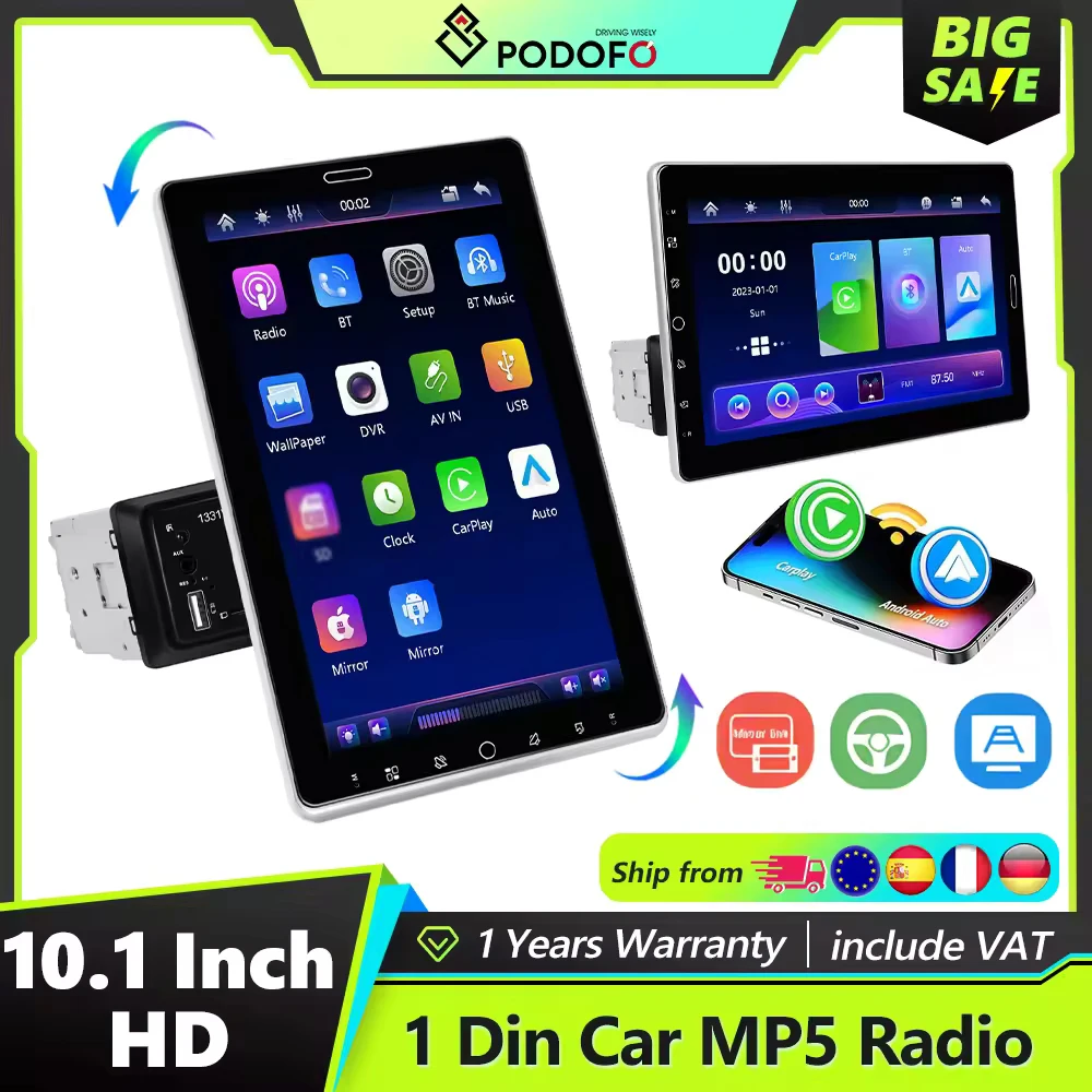 Radio para coche Podofo 1Din de 10.1'' con Carplay, Android Auto, Mirror Link, GPS, navegador, reproductor multimedia universal con Bluetooth, radio FM, ranura para tarjetas TF, USB y ecualizador.