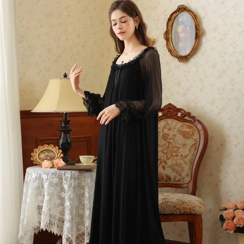 

2025 Spring Princess Modal Long Nightdress Gauze Full Sleeves Vintage Nightgowns Girls Round Neck Ankle-Length Homedress Nightie