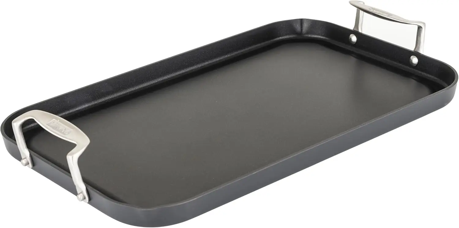 Plancha de Cocina Antiadherente de Doble Quemador, 19 x 11 Pulgadas, de Aluminio Anodizado Duro, con Asas, Apta para Horno, Funciona con Gas, Vitrocerámica y
