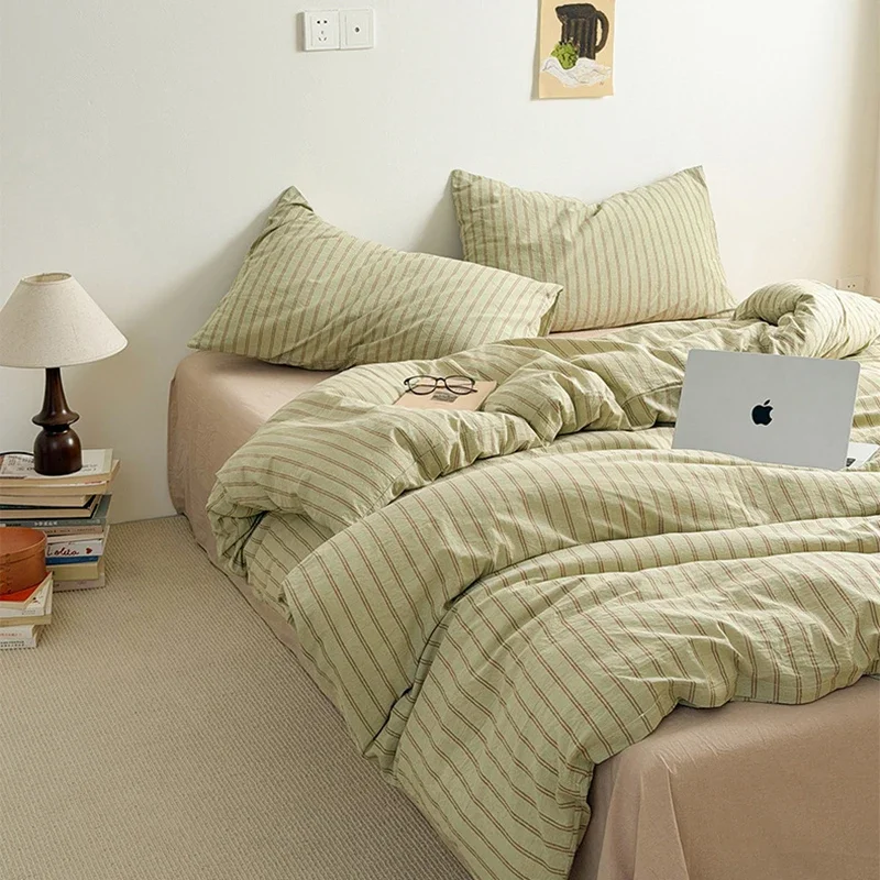 Japanese Geometric Stripes Bed Sets High-End Skin-Friendly 100% Cotton Bedding Set Luxury Washable Bedclothes for All Seasons