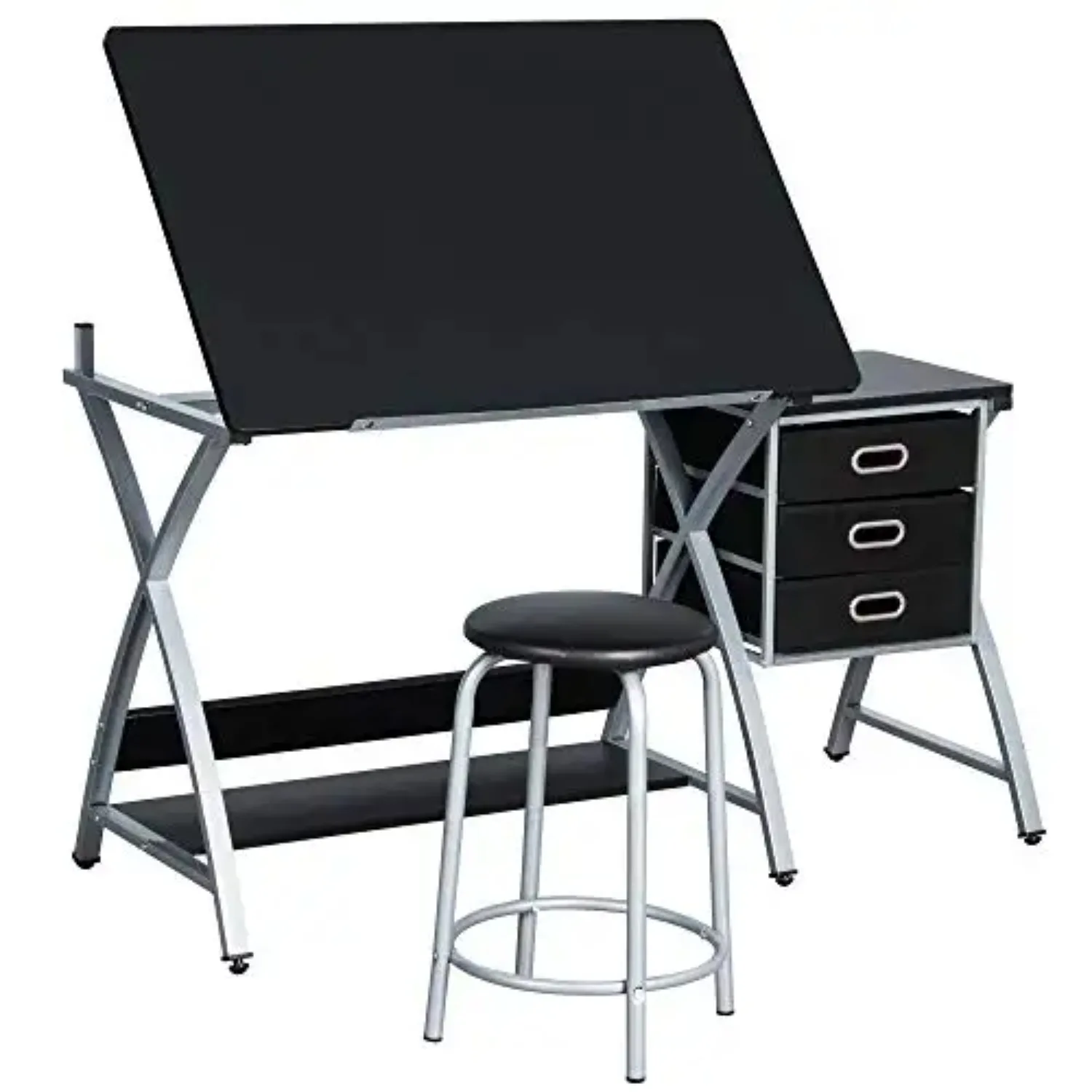 Drafting Tables, Draft Drawing Desk w/Stool and Tiltable Tabletop, 3 Storage Drawers, Reading, Writing Art Crafting