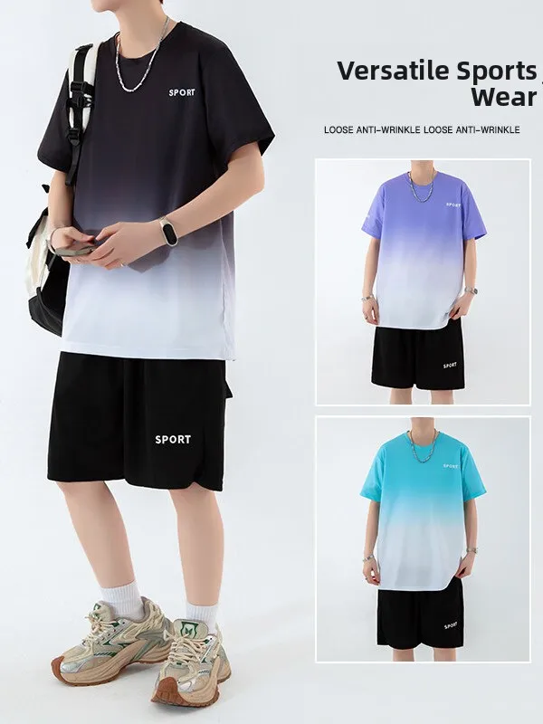 

Спортивный костюм из ледяного шелка для мужчин и женщин, летний спортивный комплект из двух предметов, дышащий свободный модный костюм для бега