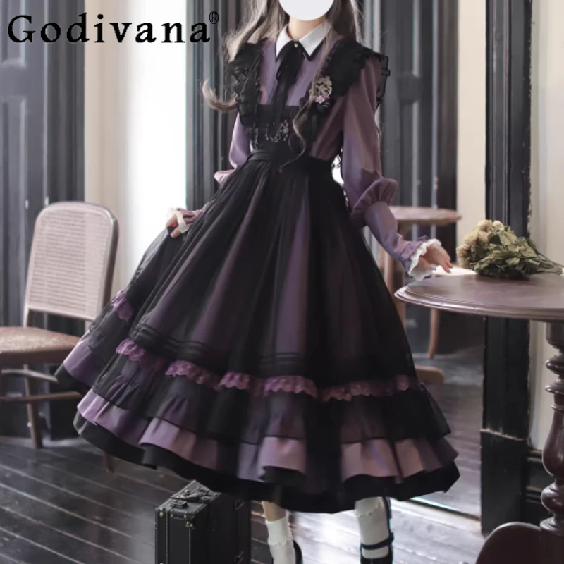 

Spring Autumn New Lolita Purple Elegant High Waist A-line Long Sleeve Dress Fashion Girl Versatile Age Reduction Sweet Dresses