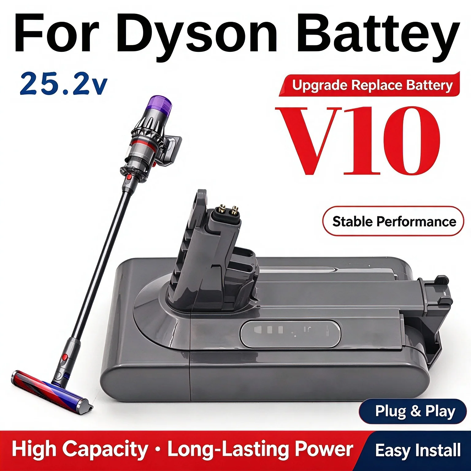 25.2V Li-ion Replacement Battery Compatible for Dyson V10 Cordless Vacuum Cleaner, V10 Absolute Animal Fluffy Motorhead Series