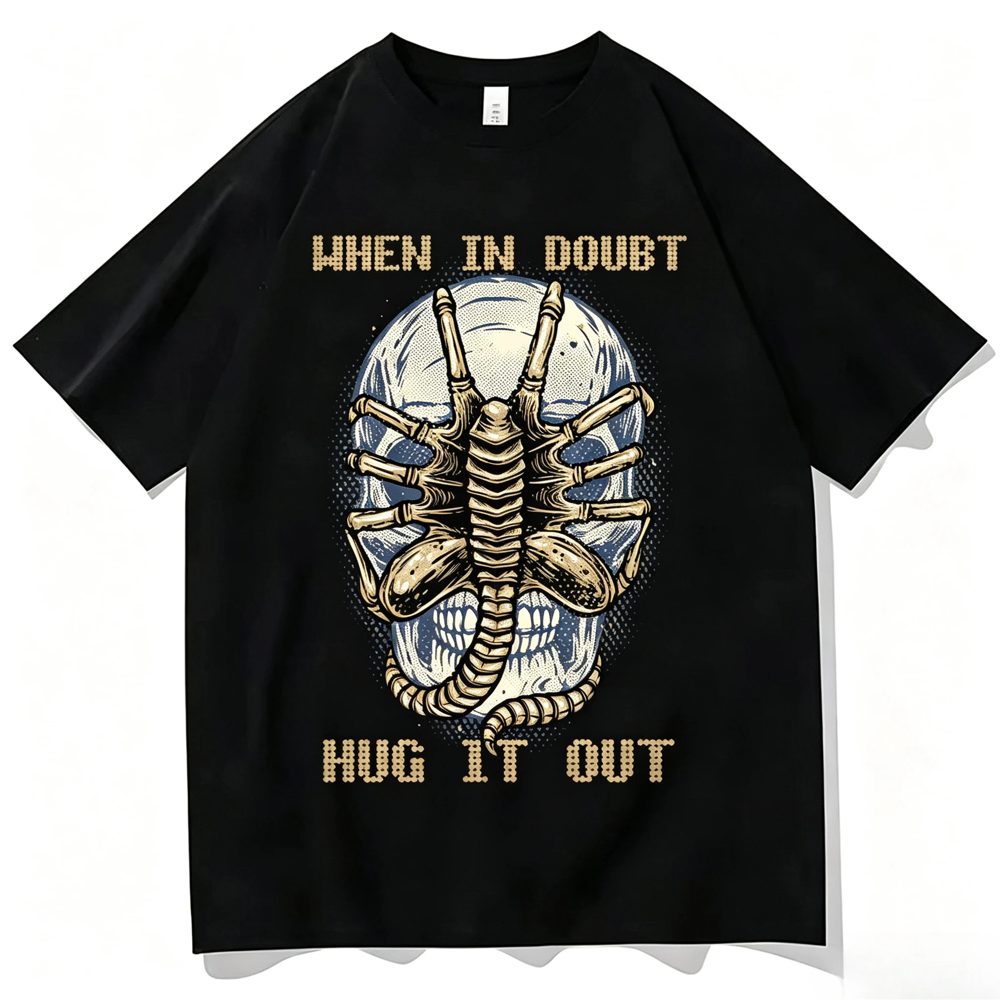 In Doubt Hug It Out Funny Meme Graphic T-shirt Men Cotton Alien Sci-Fi Horror Fan Loose Oversized Street Casual Short Sleeve Top