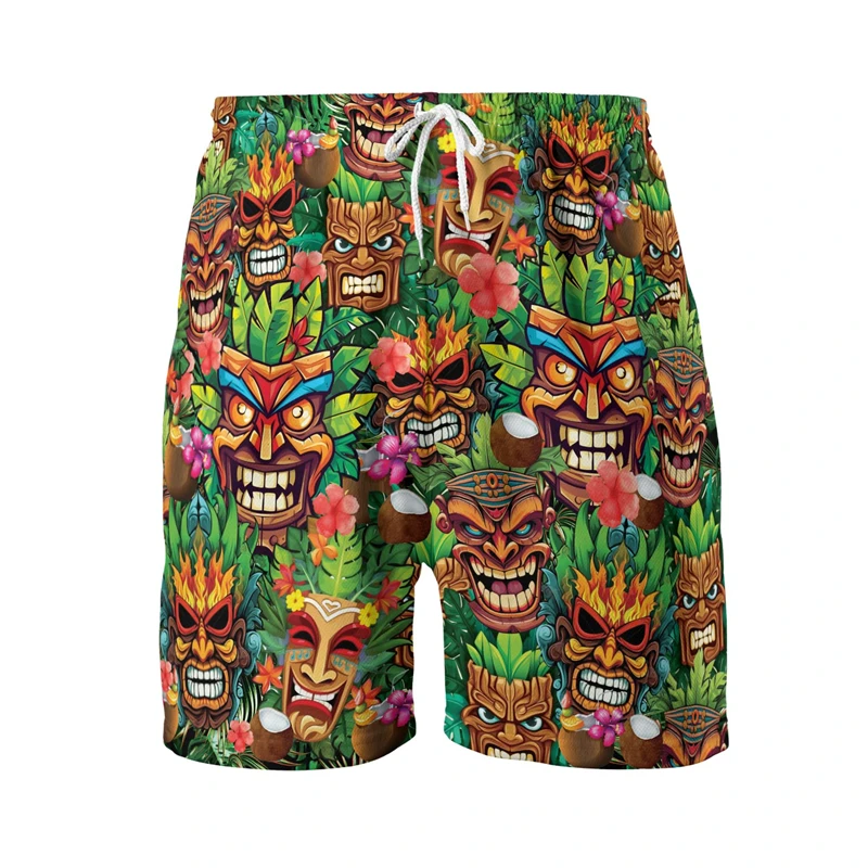 Summer Hawaiian Beach Shorts Tiki Mask 3D Print Men Women Holiday Trunks Casual Surfing Board Shorts Swimwear Kid Men\'s Clothing