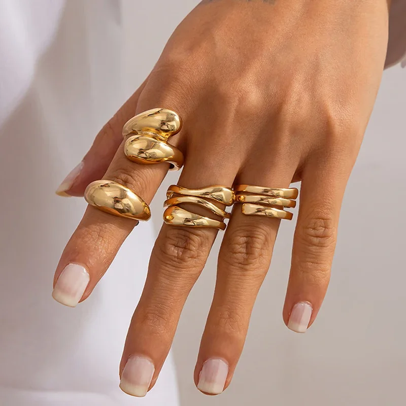 4Pcs Punk Irregular Stackable Rings Set for Women Minimalist Geometric Rings Party Female Adjustable Chunky Statement Jewelry