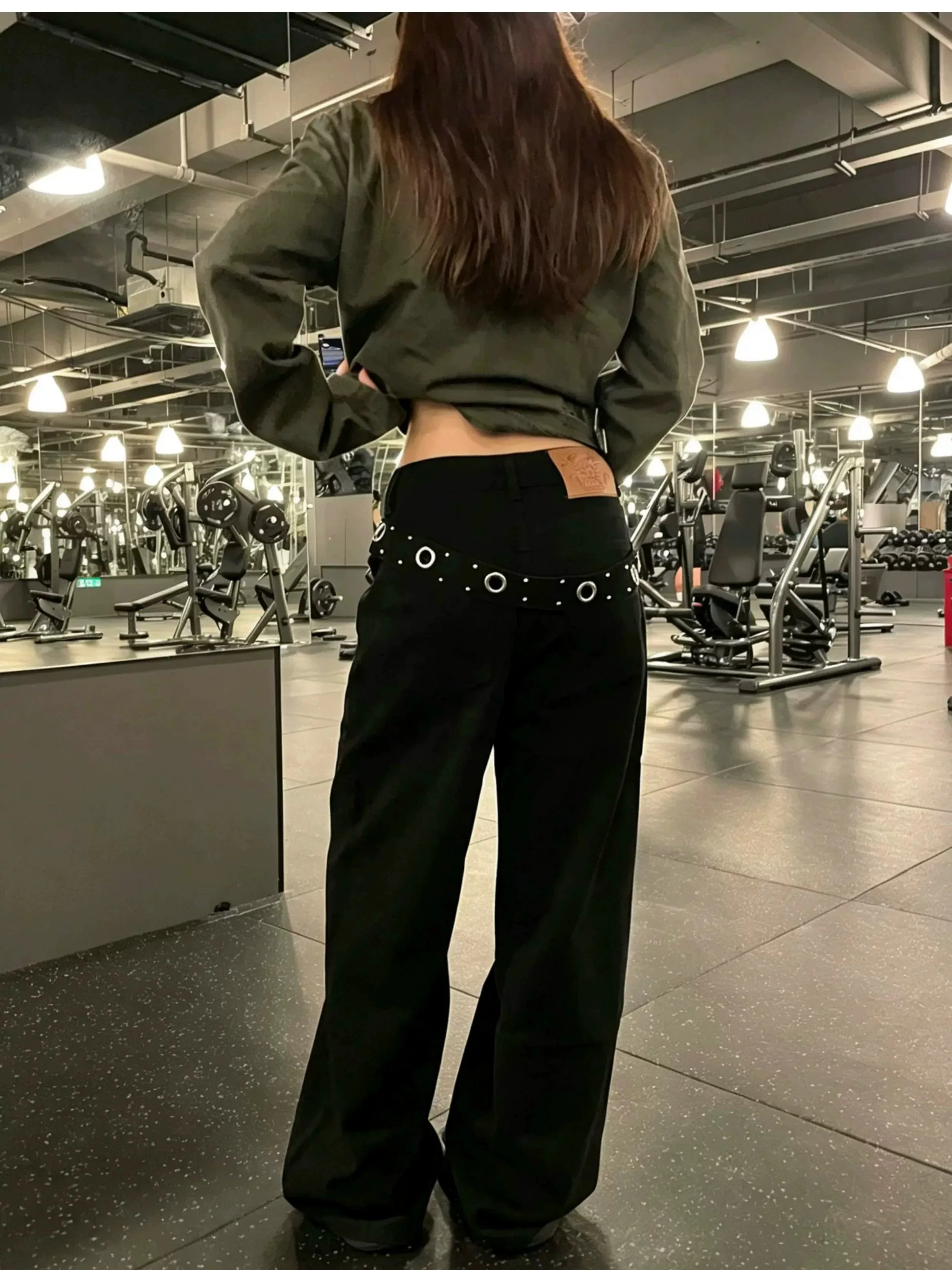 American Style Vintage Punk Rivet Waist Belt Loose Straight Leg Jeans Women's Sexy Casual Wide Leg Pants Deep Blue Denim
